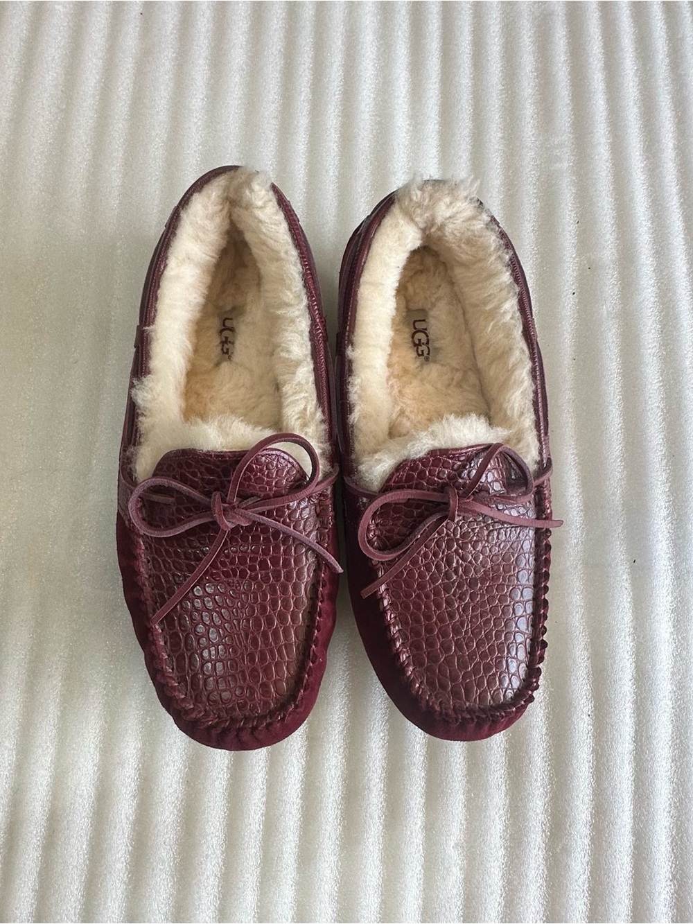 UGG Burgundy Shearling-Lined Croc-Texture Slippers